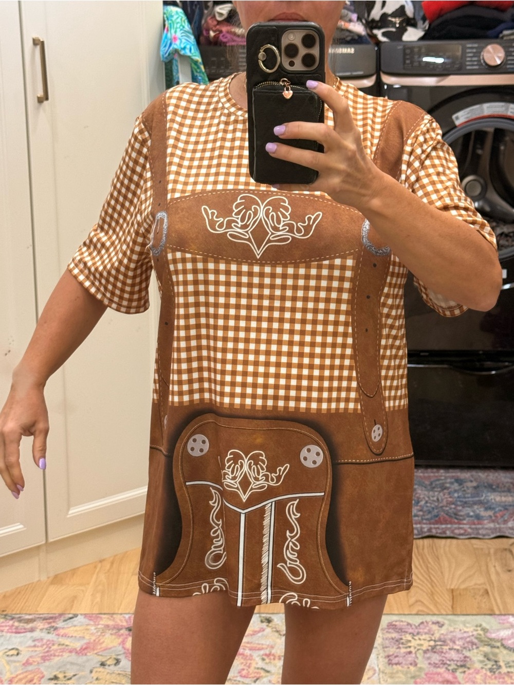 Brown Gingham Short Sleeve Dress with Western Print